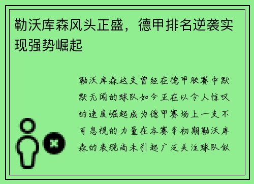 勒沃库森风头正盛，德甲排名逆袭实现强势崛起