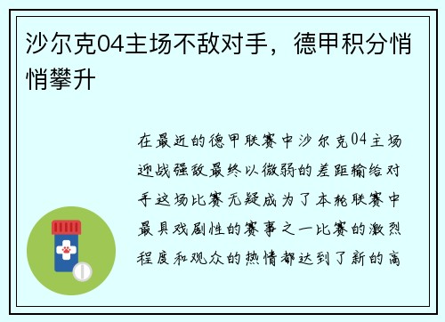 沙尔克04主场不敌对手，德甲积分悄悄攀升