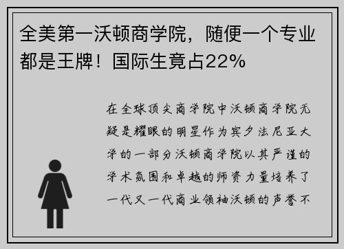 全美第一沃顿商学院，随便一个专业都是王牌！国际生竟占22%